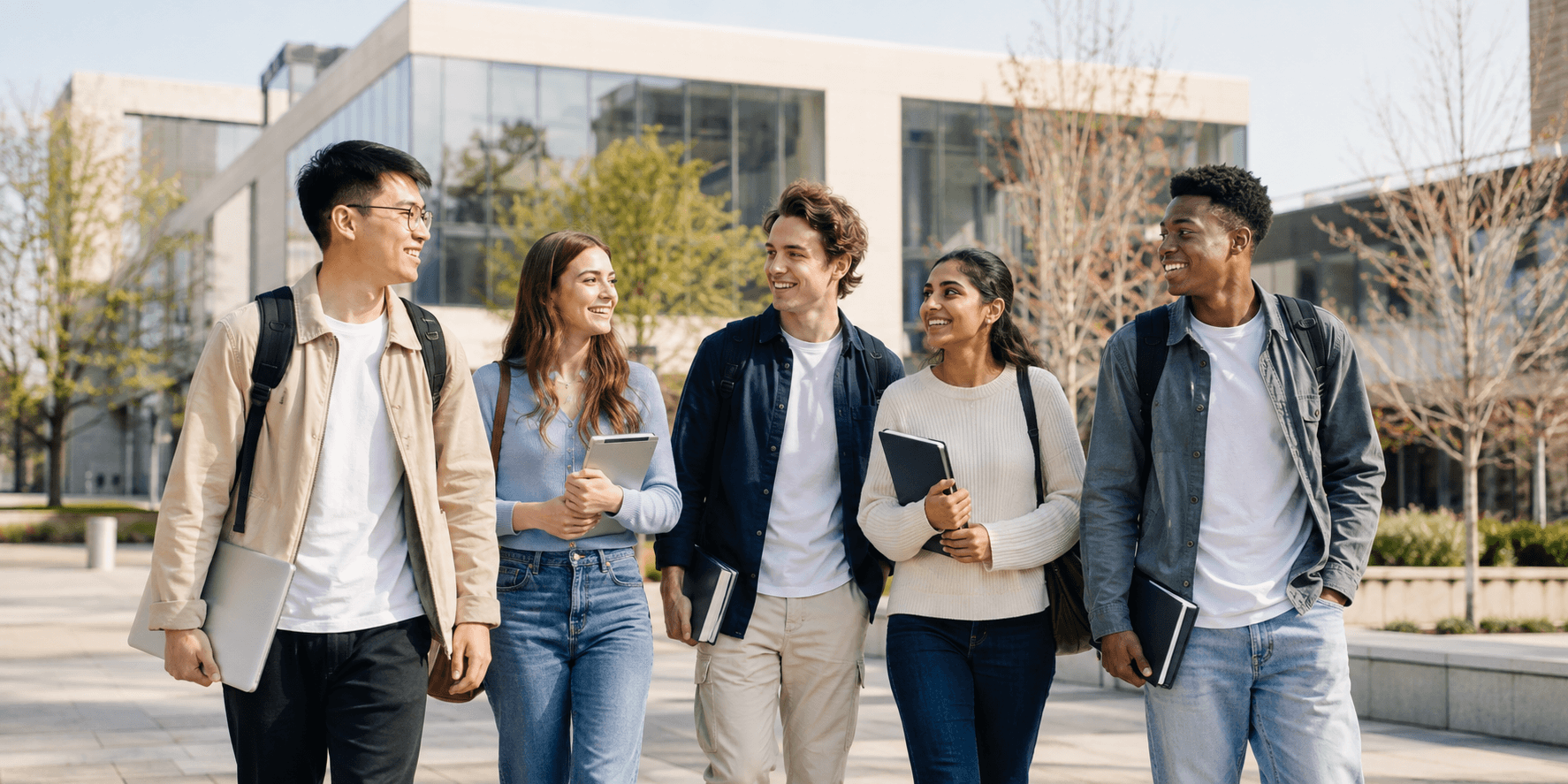 International students walking together on a university campus