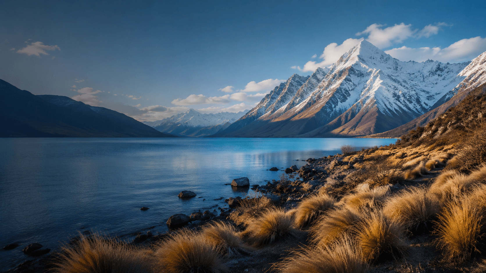 New Zealand alpine lake and snow-covered mountains